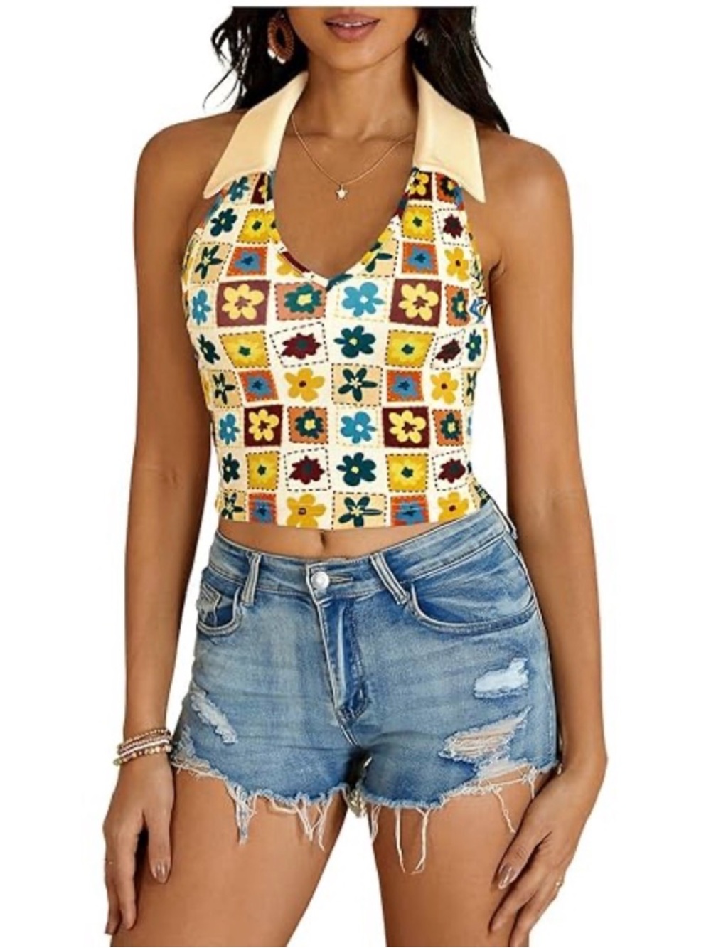 Floral Patchwork Halter Crop Top - Cream Multicolor
